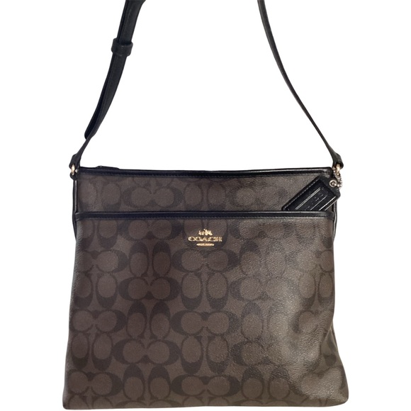 Coach Signature Zip File Brown Canvas Black Leather Crossbody F58297 - Picture 1 of 13